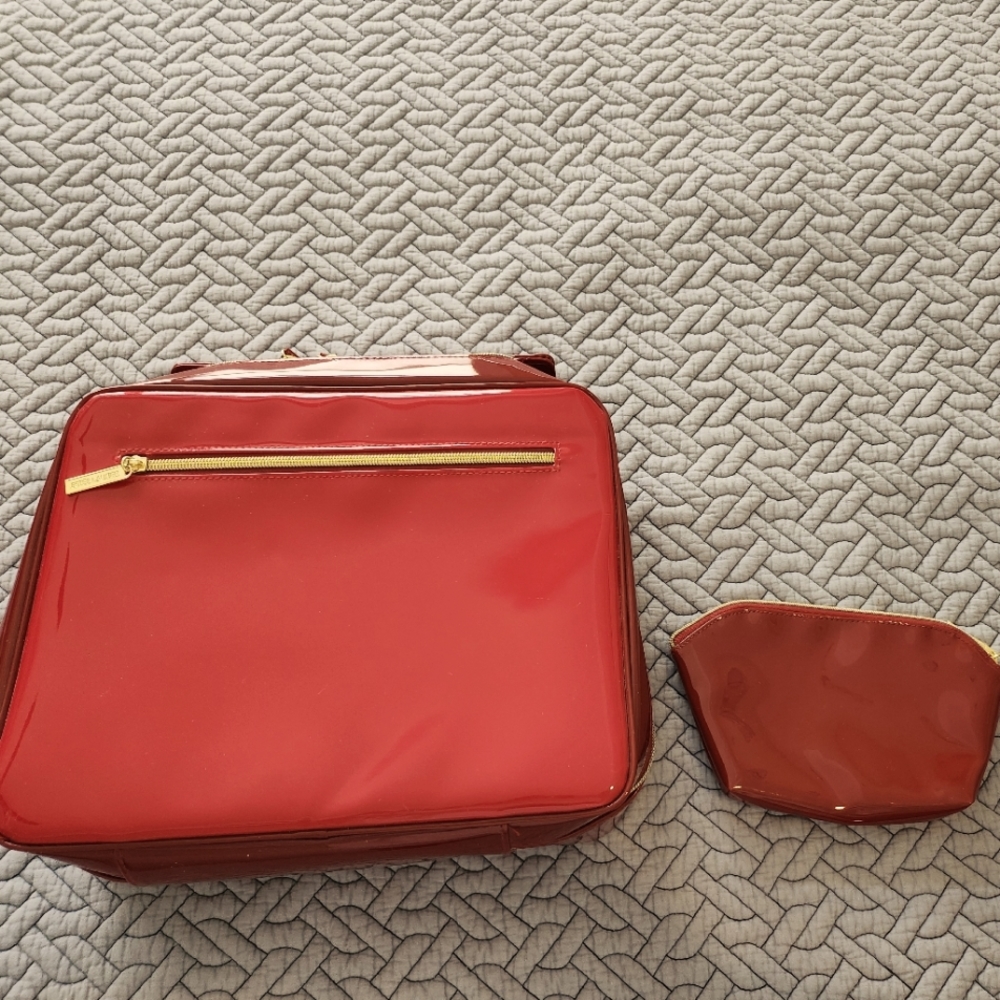 2 pc Estée Lauder Faux Patent Leather Train Case & Cosmetic Bag - NWOT